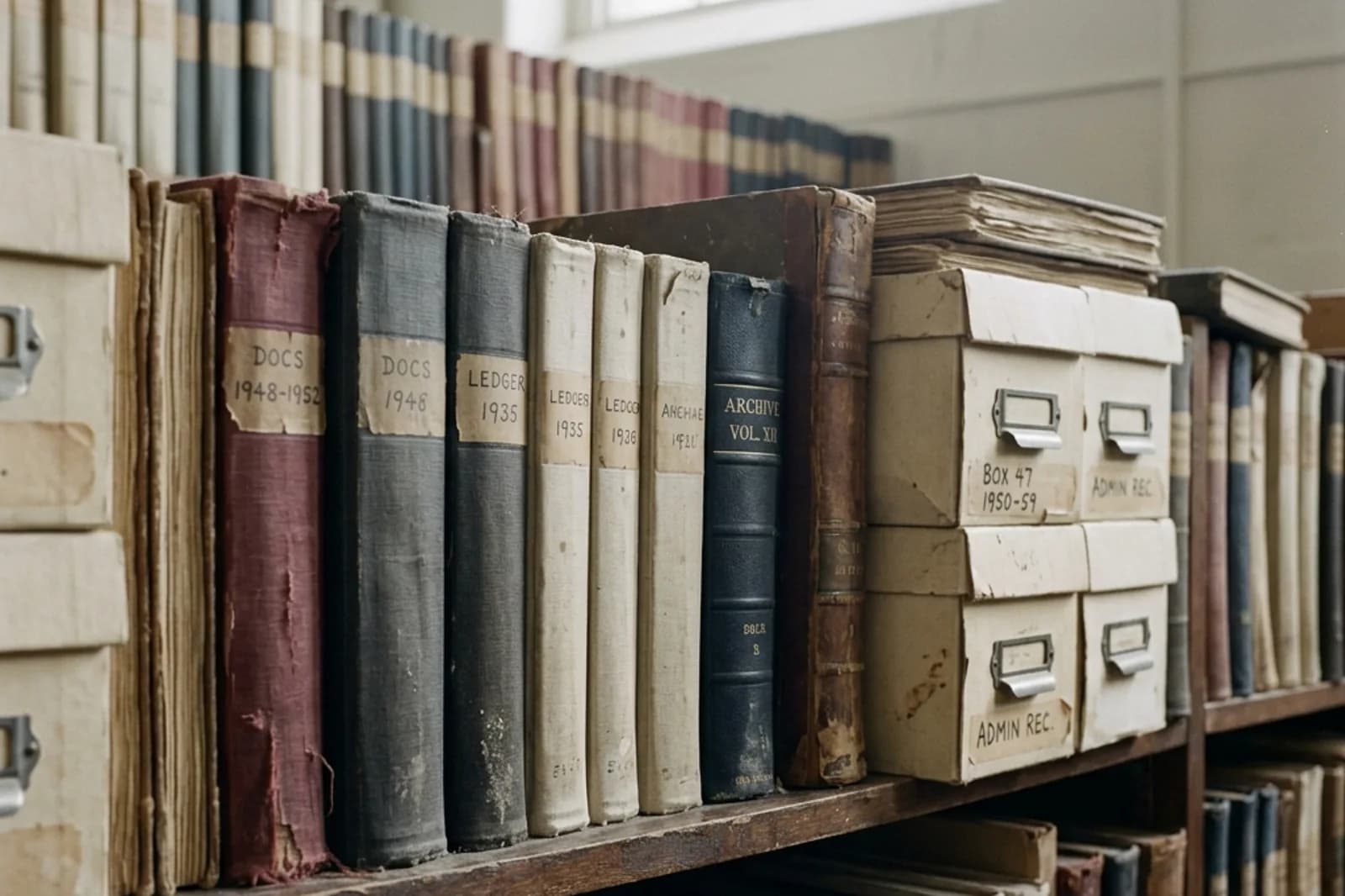 Bound archive volumes and document boxes on a shelf.